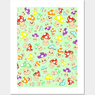 Kawaii Mushrooms Pattern Posters and Art